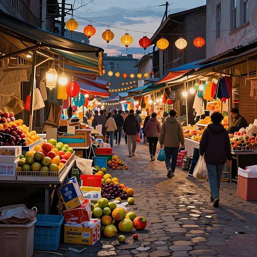 Vibrant evening market photograph: colorful fruits, hanging lanterns, cobblestone street, shoppers in jackets, stalls with goods, twilight sky.
