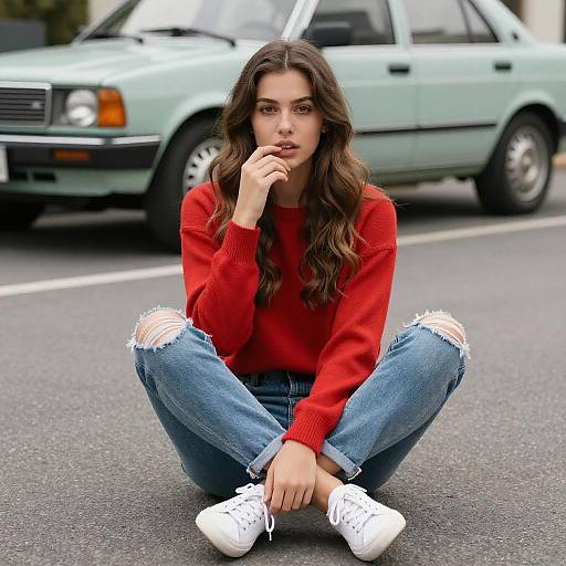 Young Woman on Road with Vintage Car
