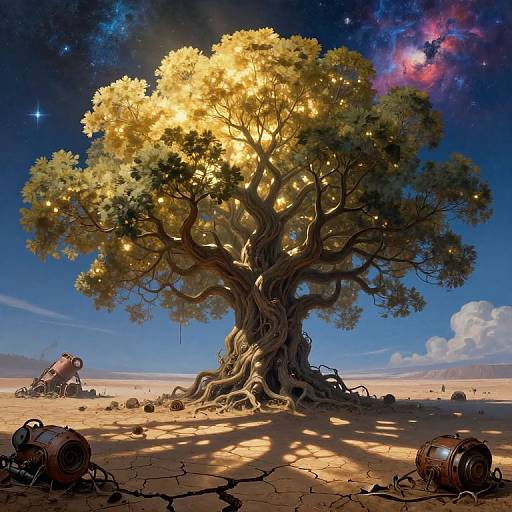 Digital artwork of a glowing, illuminated tree with sprawling roots, surrounded by broken machines and barrels in a desert under a starry, colorful night sky.