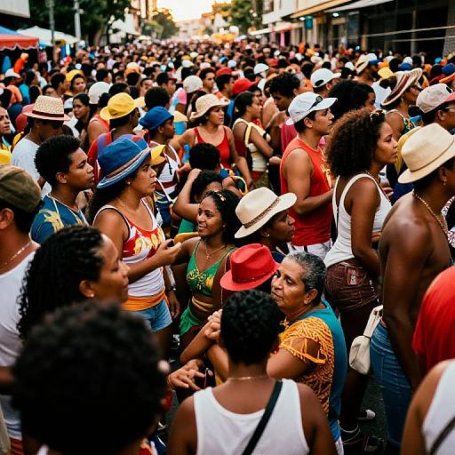 Photograph of a vibrant, diverse crowd at an outdoor festival, wearing colorful hats, sleeveless tops, and casual summer clothes, surrounded by bustling activity