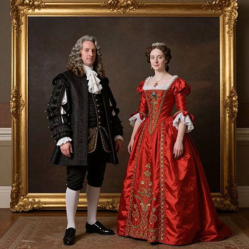 Photograph of a 17th-century couple: man in black velvet suit with white ruffles, woman in red brocade gown with gold embroidery,