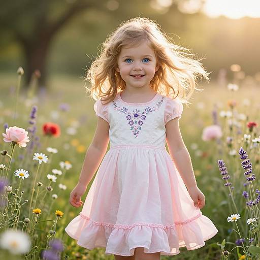 Photograph of a smiling blonde-haired toddler girl in a white dress with pink trim, standing in a sunlit meadow of colorful wildflowers.