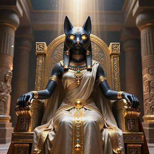 Digital artwork of a dark blue anthropomorphic jackal with glowing yellow eyes, wearing an ornate white robe, sitting on a golden throne in an ancient