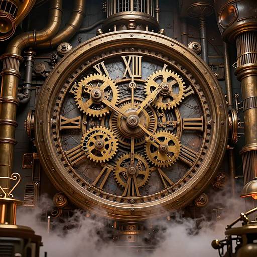 Steampunk-style clock with intricate golden gears, Roman numerals, and steam rising from the bottom, surrounded by industrial pipes. Photorealistic.