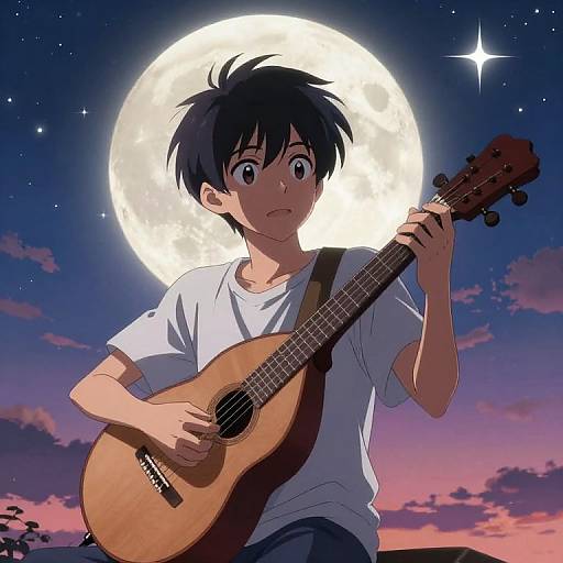 Anime Character Playing Lute Under Moon