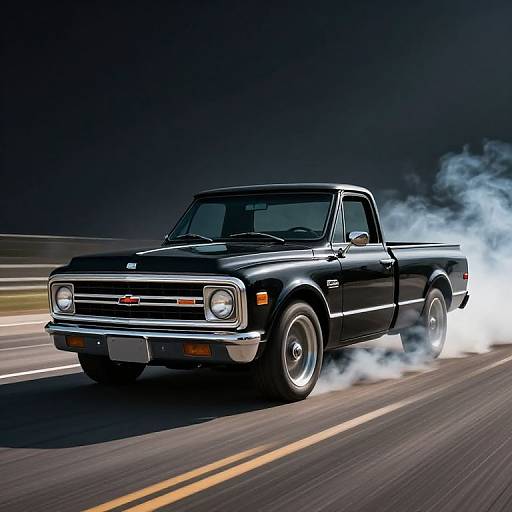 Photograph of a black, classic 1970s Chevrolet pickup truck speeding down a dark, empty road with white smoke trailing from the tires.