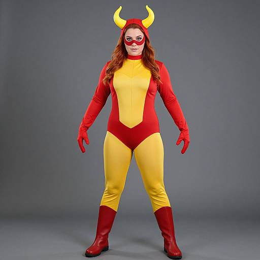 Photograph of a woman in a red and yellow superhero costume with horned headpiece, red gloves, boots, and mask, standing against a gray