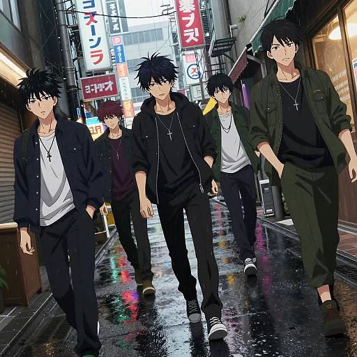 Anime-style digital illustration of five black-haired, black-clothing boys walking in a neon-lit, rain-soaked urban alley at night.