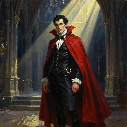 Digital painting of a handsome, dark-haired man in a black suit and red cape, standing in a gothic cathedral with sunlight beams. Dramatic and