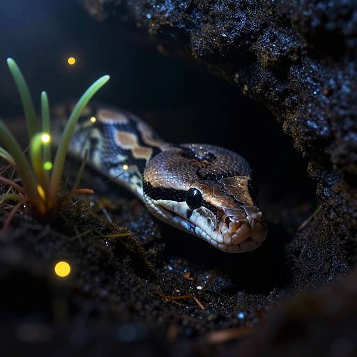 Photograph of a black-and-white patterned snake with shiny scales, hiding in dark, textured soil, illuminated by glowing yellow and green plants.