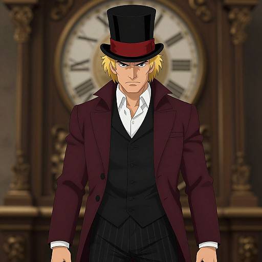 Digital anime-style drawing of a blonde man with blue eyes, wearing a black top hat, maroon coat, black vest, white shirt, and black