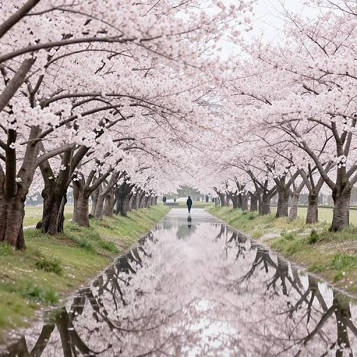 Photograph of a serene cherry blossom-lined path, with a reflective puddle and a solitary person walking in the distance.
