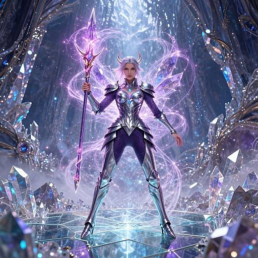 Digital artwork of a powerful, blonde, armored warrior with glowing purple energy, holding a crystalline spear, standing amid floating crystals in a mystical, illuminated