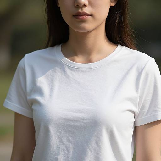 Photograph of an Asian woman with straight black hair, wearing a plain white short-sleeved t-shirt, standing outdoors with a blurred green background.