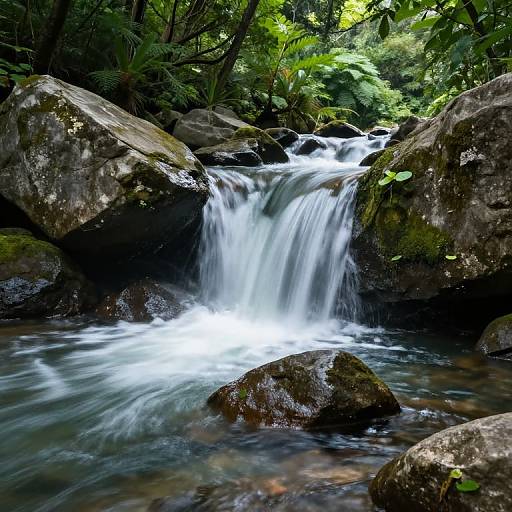 Photograph of a serene forest waterfall, with clear white water cascading over moss-covered rocks, surrounded by lush green foliage and dense trees.