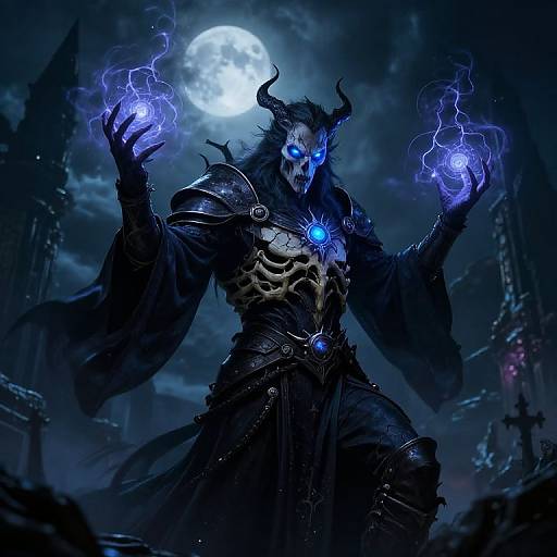 Digital artwork of a dark, demonic figure with glowing blue eyes, horns, skeletal chest, and electrifying blue hands, under a full moon in a