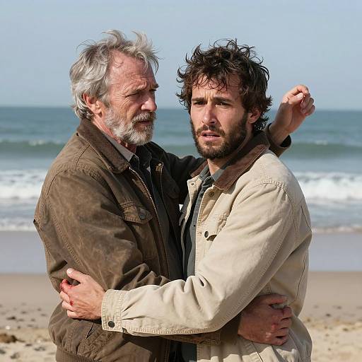 Two men embracing on beach with concerned expressions