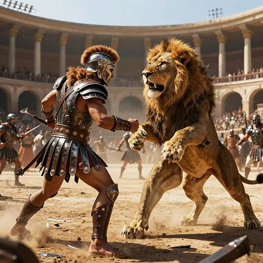 Photorealistic CGI: Gladiatorial battle in ancient amphitheater, muscular warrior in silver armor clashes with roaring, snarling lion in sandy