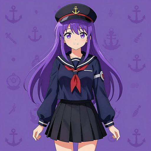 Anime-style digital drawing of a purple-haired girl in a navy sailor uniform with a red necktie and black hat, standing against a purple background with anchor