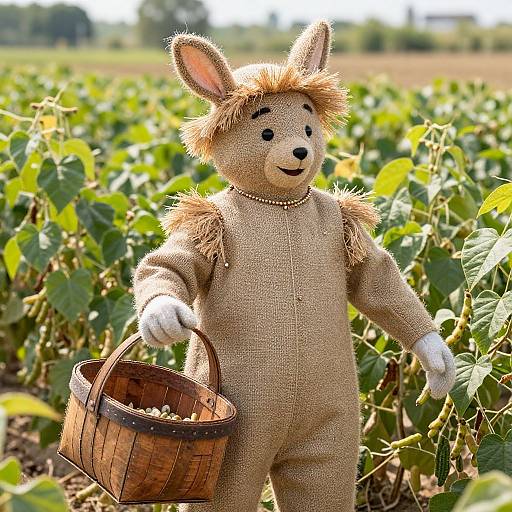 Photograph of a burlap fabric bunny costume with fluffy ears, holding a wicker basket in a sunlit vegetable field.