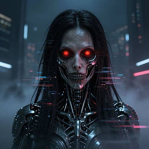 Cyberpunk horror image: Glowing red-eyed, skeletal face with long black hair, metallic armor, and digital glitches in a neon-lit city