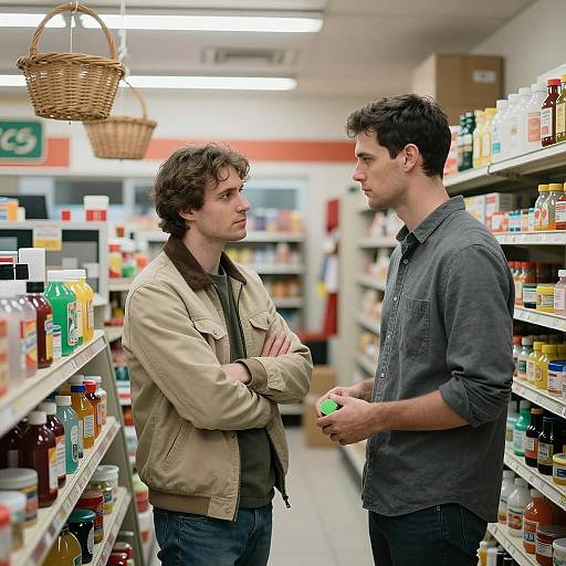 Men Interacting in a Busy Store