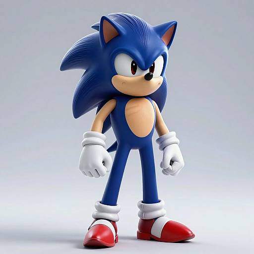 CGI image of Sonic the Hedgehog: blue, spiky quills, white gloves, red shoes, tan chest, serious expression, standing against