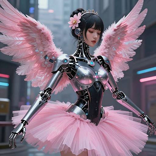 Cybernetic ballerina with pink feather wings, metallic arms, and pink tutu, adorned with a flower in a futuristic city. Digital