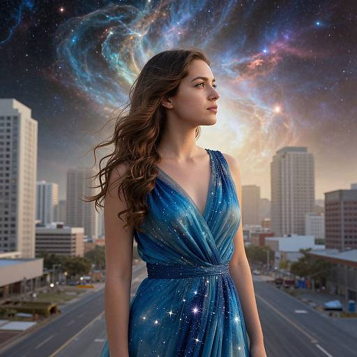 Photograph of a young woman with wavy brown hair in a sparkling blue V-neck dress, standing in a cityscape with a galaxy backdrop and star