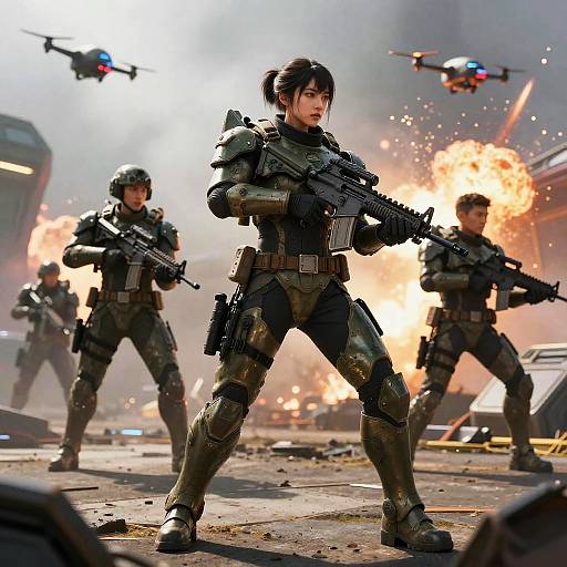 Photorealistic CGI of three female soldiers in tactical gear, wielding assault rifles, amidst an explosive urban battlefield with drones overhead.