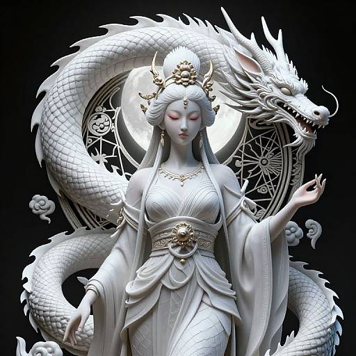 Digital art of a serene, white-scaled dragon lady with flowing robes, intricate gold jewelry, and a majestic dragon behind her.