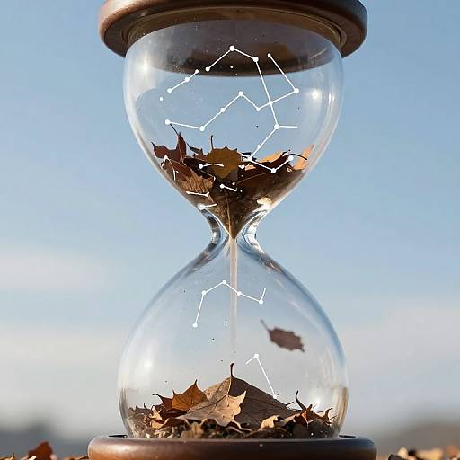Photograph of a glass hourglass with brown leaves, illuminated constellations, and a clear blue sky background, standing outdoors.