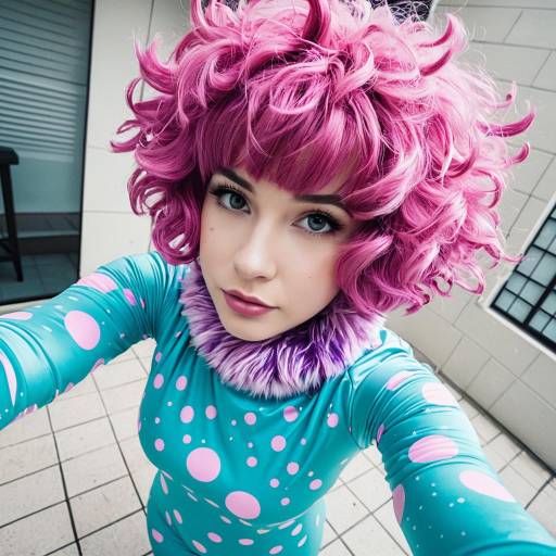 Cosplay of Pink-Haired Character in Aqua Polka Dot Bodysuit