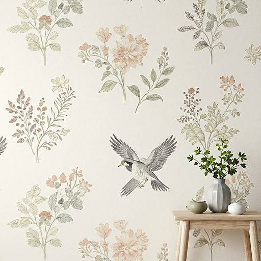 Photograph of a white floral wallpaper with pastel flowers, featuring a flying bird decal, and a wooden stool with a silver vase and green plant