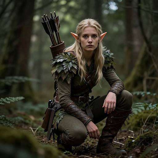 Photorealistic fantasy photograph of a blonde elf woman with pointed ears, wearing dark green armor, feathered shoulder pads, and quiver of arrows,