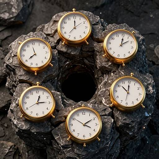 Photograph of five gold-framed, white-faced clocks with black hands and numbers, arranged around a dark, rocky hole, creating a circular pattern.