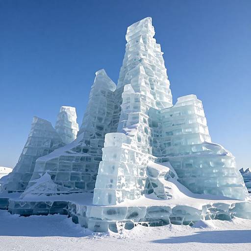 Photograph of intricate, towering ice sculptures under a clear blue sky, showcasing translucent, layered ice blocks with sharp edges and textures, set on a snowy