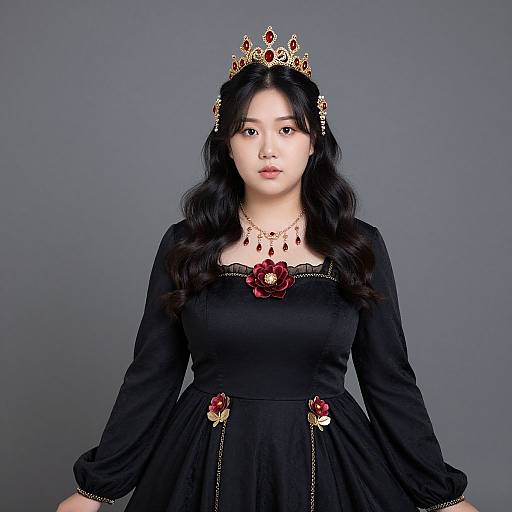 Photograph of an Asian woman with long black hair, wearing a black dress adorned with red roses, gold jewelry, and a jeweled tiara,