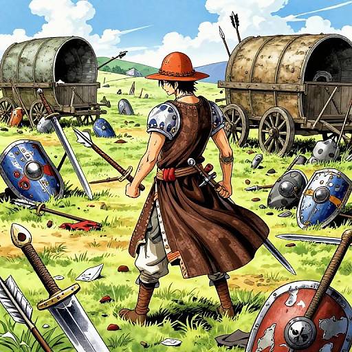 Colorful digital drawing of a medieval warrior in brown cloak and red hat, standing in grassy field with scattered swords, shields, and wooden wagons