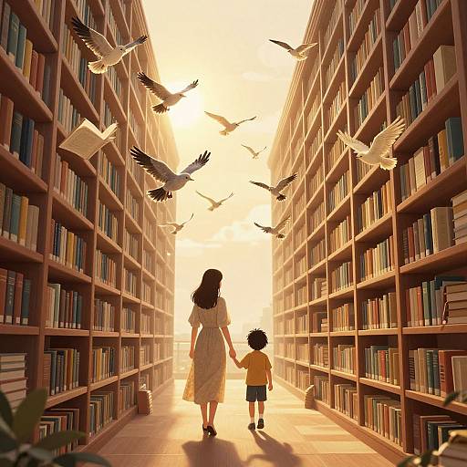 Digital illustration of a woman and child walking down a sunlit library aisle, holding hands, with birds flying overhead.