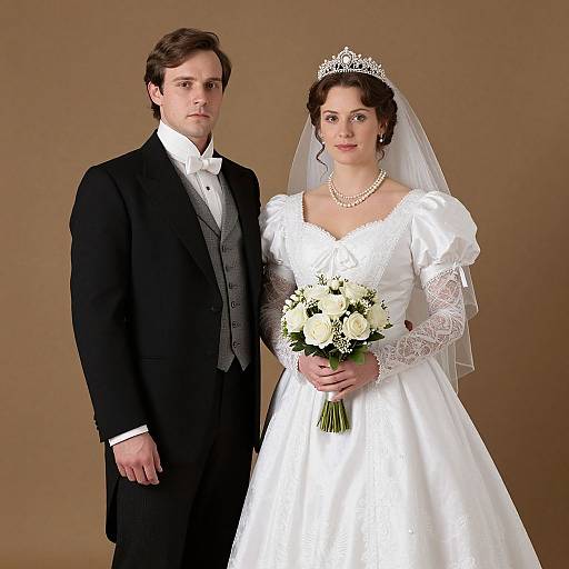 Photograph of a Caucasian bride in a white satin dress with lace sleeves and a tiara, holding a bouquet, and groom in a black suit with