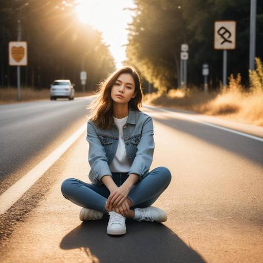 Young Woman Sitting on Road During Golden Hour