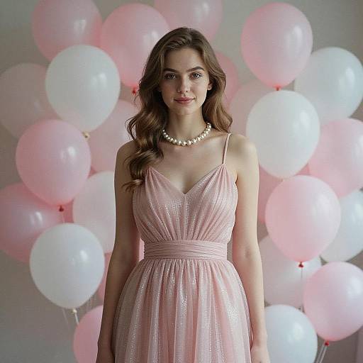 Young Woman in Pink Dress with Balloons