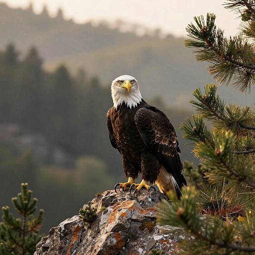 Photograph of a majestic bald eagle with white head, yellow beak, and dark brown body perched on a rocky outcrop, surrounded by pine