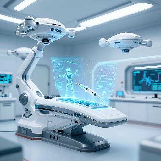 Photorealistic CGI of three white, futuristic robotic arms with glowing blue holographic displays showing a human figure, in a sterile, brightly-lit laboratory