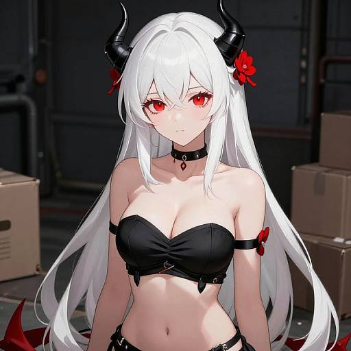Digital anime-style drawing of a white-haired girl with red eyes, black horns, red bow, black strapless top, and choker, in a