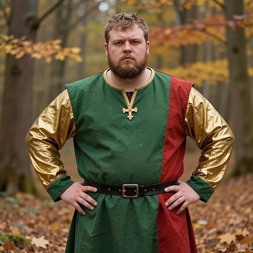 Plus Size Man in Medieval Costume in Autumn Forest