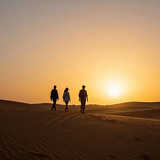 Silhouetted photograph of three people walking on a sandy desert at sunset, with a golden-orange sky and sun low on the horizon.