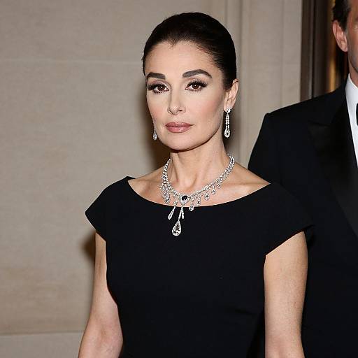Photograph of a poised woman with dark hair in an elegant updo, wearing a black dress and elaborate diamond jewelry, standing against a beige wall.