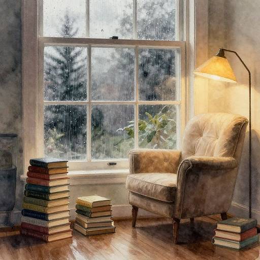 Painted photograph of a cozy reading nook with a rain-streaked window, beige armchair, stacks of books, and warm floor lamp.